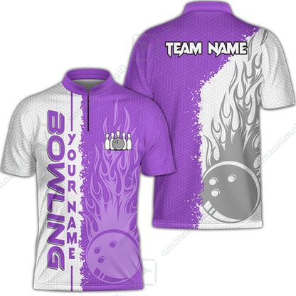 Custom White and Purple Flame Bowling Team Jersey Polo Shirts, Bowling Team Uniforms Jerseys, Personalized Name And Team Name