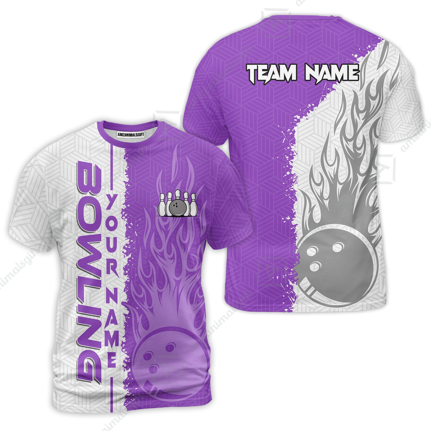 Custom White and Purple Flame Bowling Team Jersey Polo Shirts, Bowling Team Uniforms Jerseys, Personalized Name And Team Name
