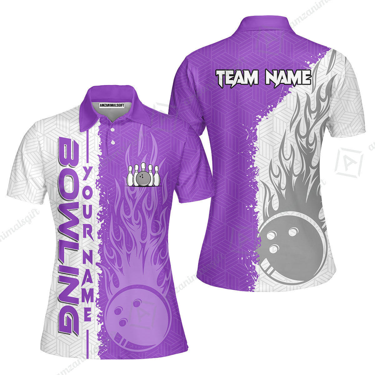 Custom White and Purple Flame Bowling Team Jersey Polo Shirts, Bowling Team Uniforms Jerseys, Personalized Name And Team Name