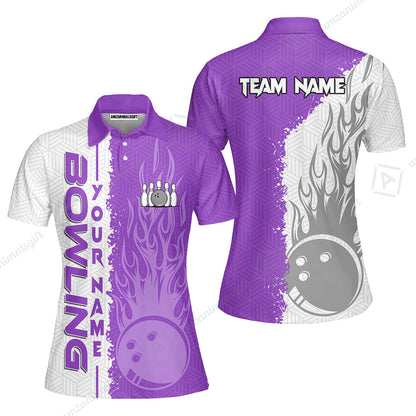 Custom White and Purple Flame Bowling Team Jersey Polo Shirts, Bowling Team Uniforms Jerseys, Personalized Name And Team Name