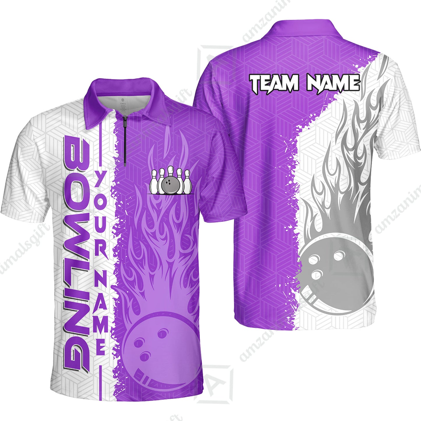 Custom White and Purple Flame Bowling Team Jersey Polo Shirts, Bowling Team Uniforms Jerseys, Personalized Name And Team Name