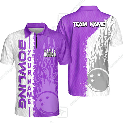 Custom White and Purple Flame Bowling Team Jersey Polo Shirts, Bowling Team Uniforms Jerseys, Personalized Name And Team Name