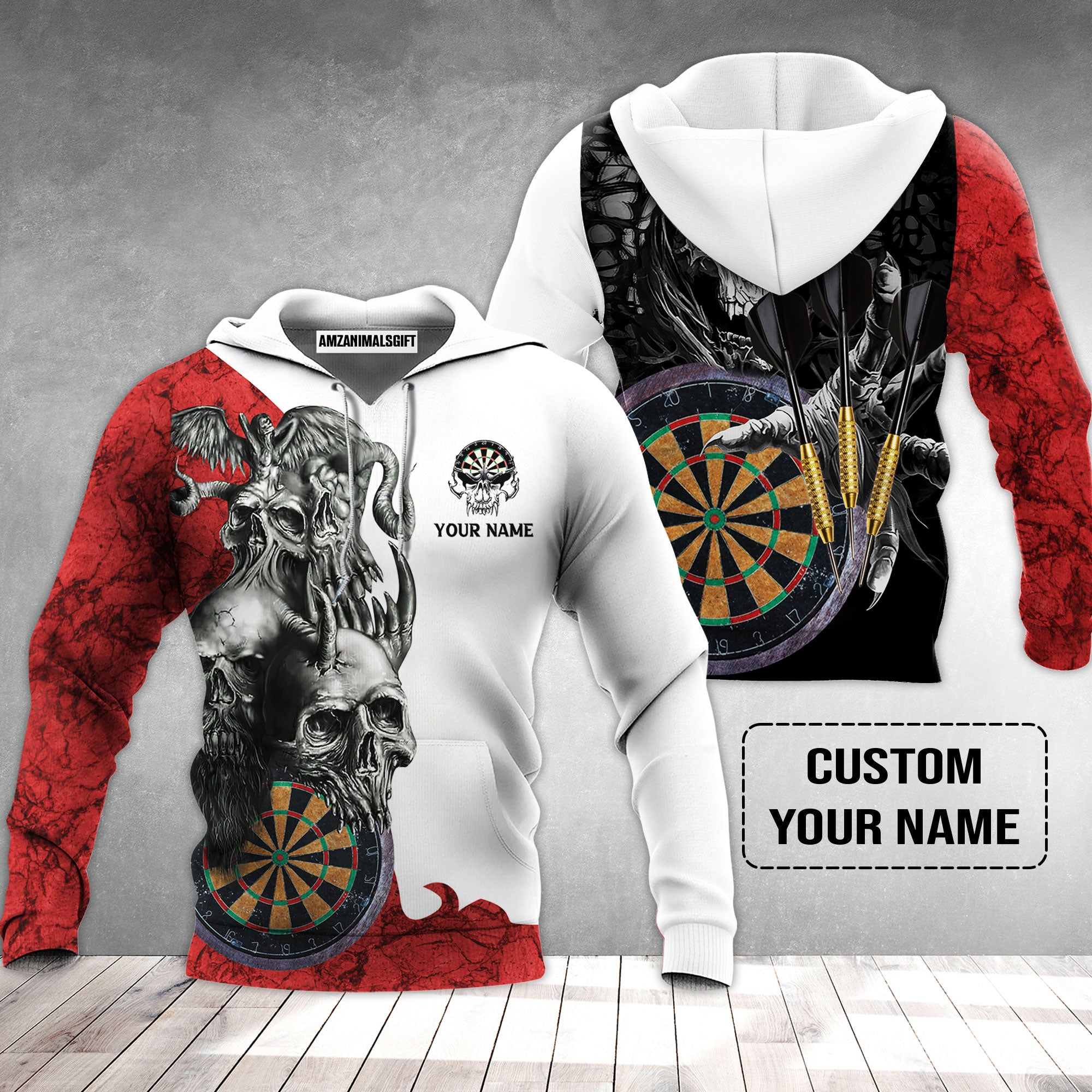 Darts Custom Name Hoodie, Dartboard Skull Personalized Hoodie