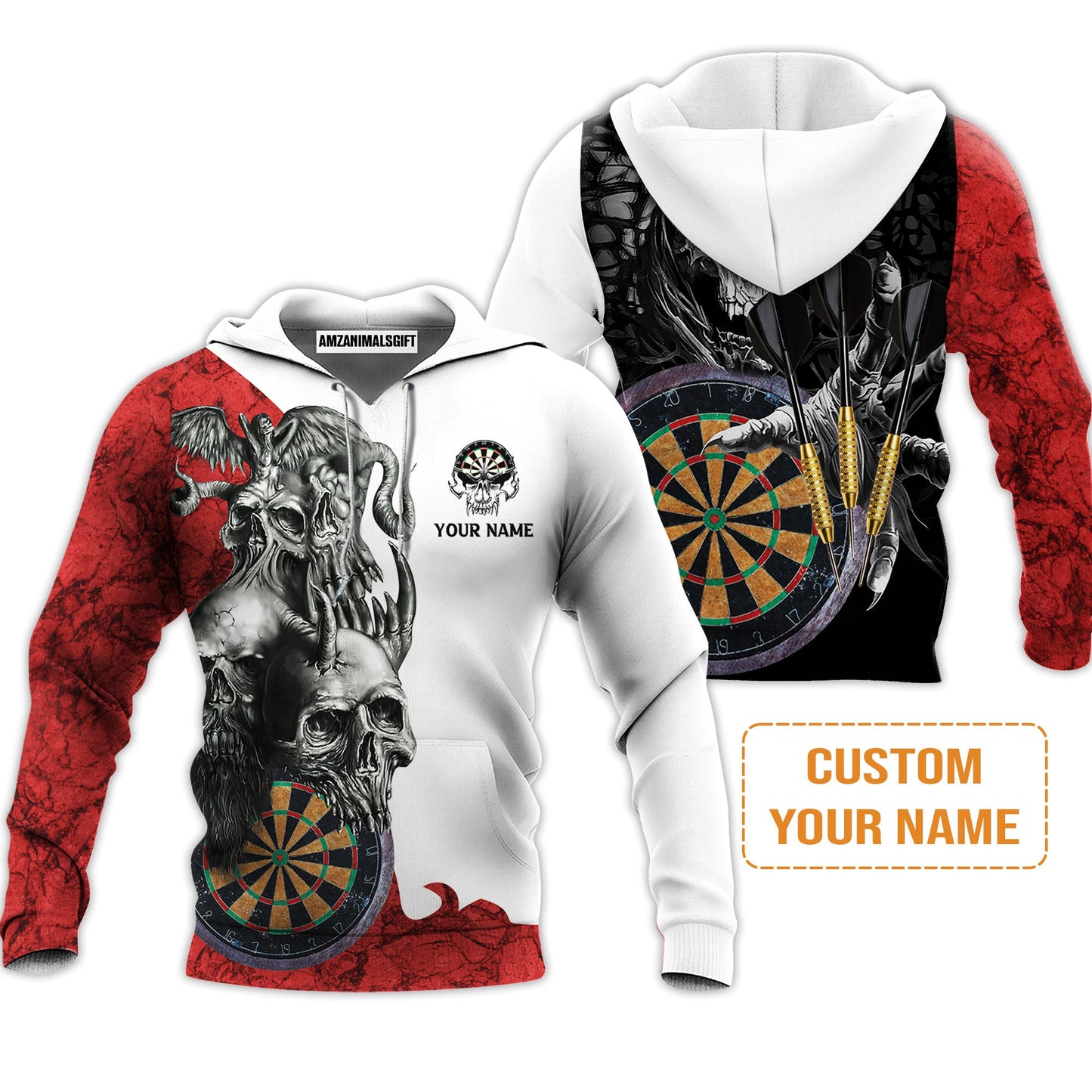 Darts Custom Name Men's Long Sleeve Polo Shirt, Dartboard Skull Personalized Long Sleeve Polo Shirt