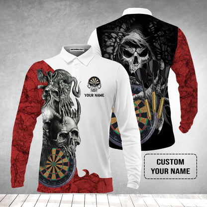 Darts Custom Name Men's Long Sleeve Polo Shirt, Dartboard Skull Personalized Long Sleeve Polo Shirt
