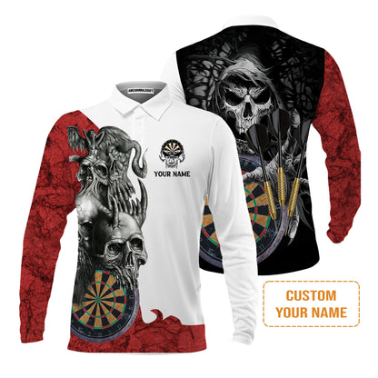 Darts Custom Name Men's Long Sleeve Polo Shirt, Dartboard Skull Personalized Long Sleeve Polo Shirt