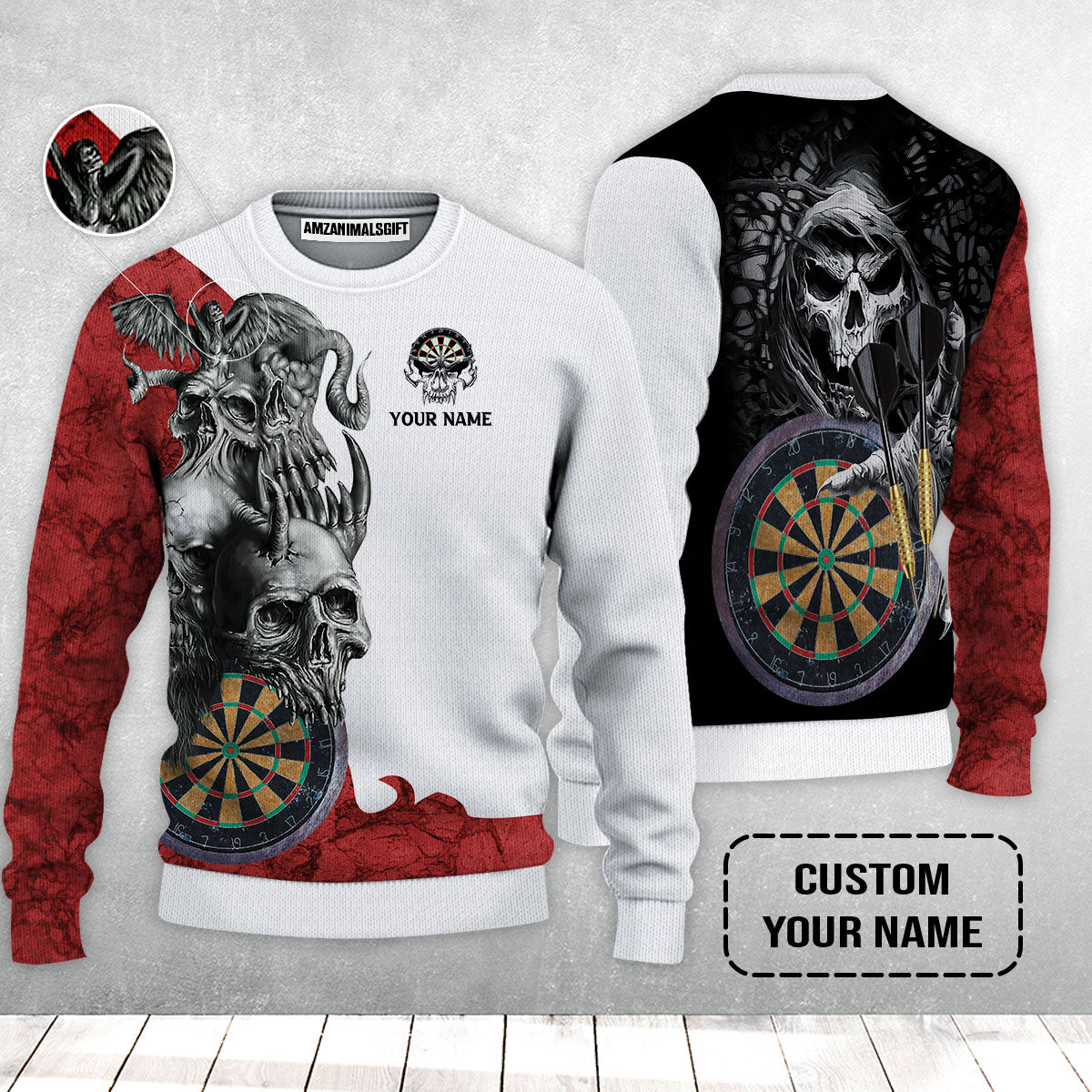 Darts Custom Name Sweater, Dartboard Skull Personalized Sweater