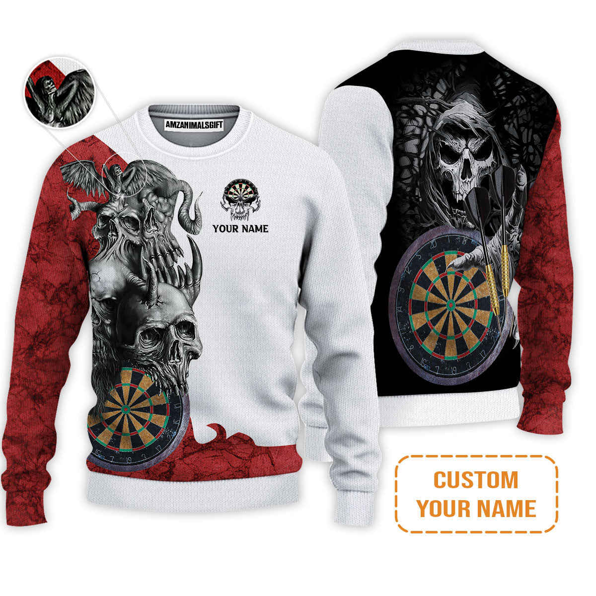 Darts Custom Name Men's Long Sleeve Polo Shirt, Dartboard Skull Personalized Long Sleeve Polo Shirt