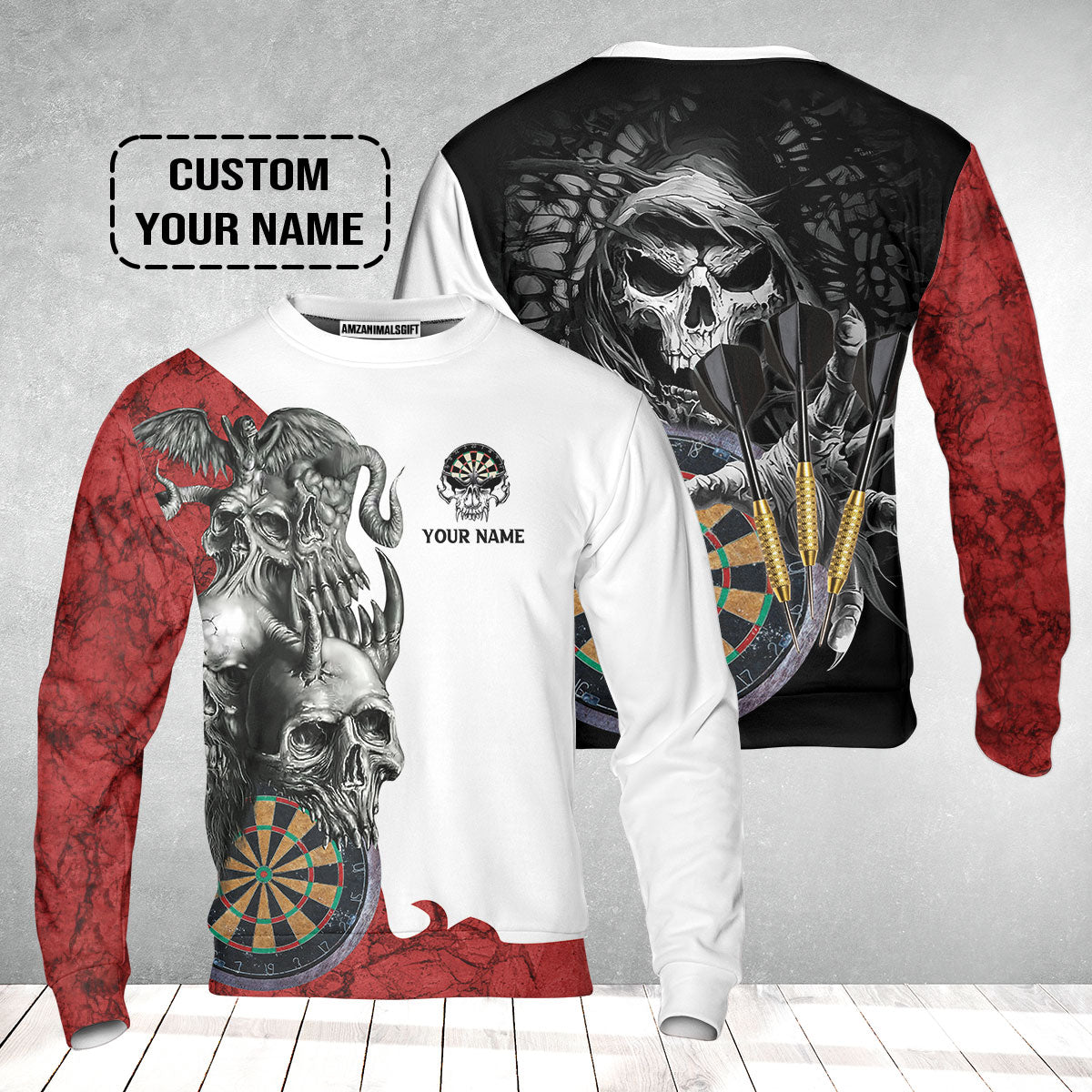 Darts Custom Name Sweatshirt, Dartboard Skull Personalized Sweatshirt