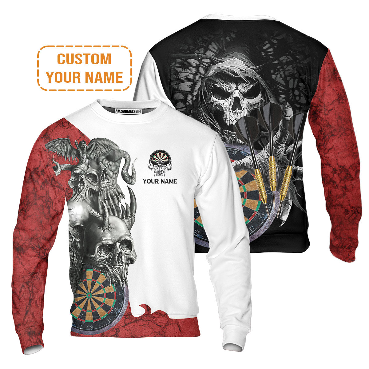 Darts Custom Name Men's Long Sleeve Polo Shirt, Dartboard Skull Personalized Long Sleeve Polo Shirt