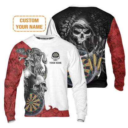 Darts Custom Name Men's Long Sleeve Polo Shirt, Dartboard Skull Personalized Long Sleeve Polo Shirt