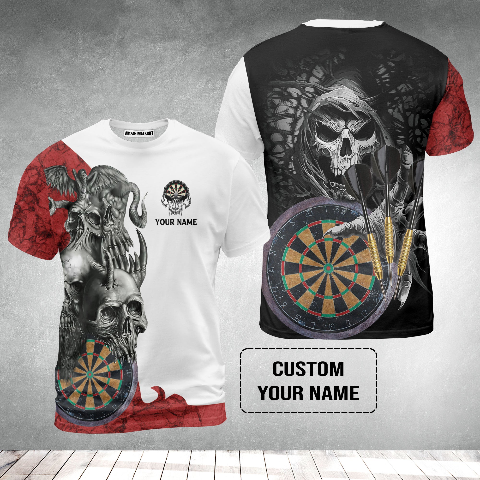 Darts Custom Name T-Shirt, Dartboard Skull Personalized T-Shirt