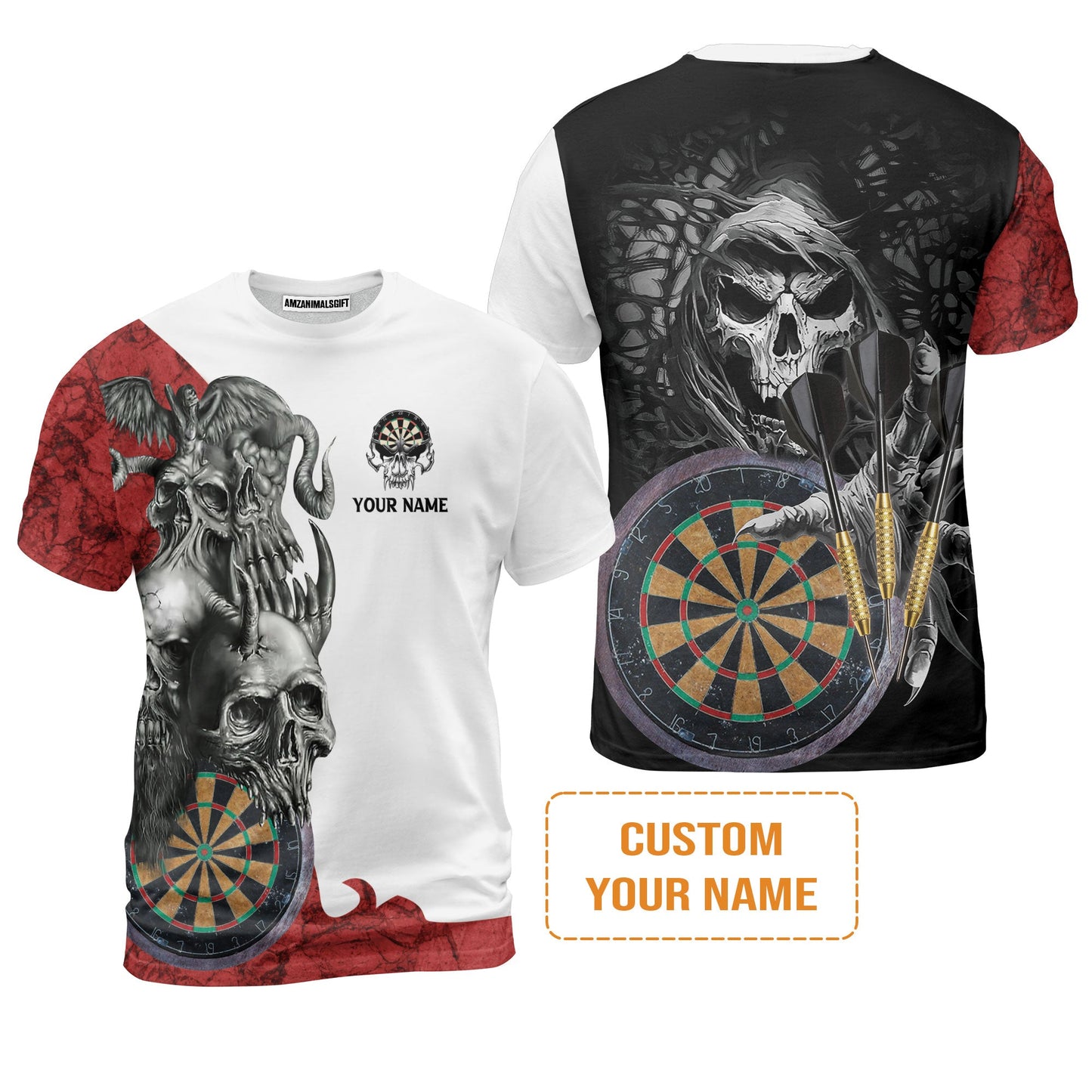 Darts Custom Name Men's Long Sleeve Polo Shirt, Dartboard Skull Personalized Long Sleeve Polo Shirt