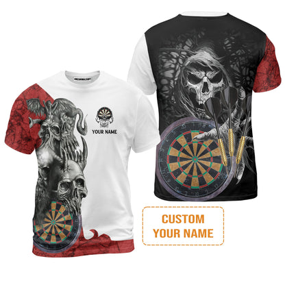 Darts Custom Name Men's Long Sleeve Polo Shirt, Dartboard Skull Personalized Long Sleeve Polo Shirt