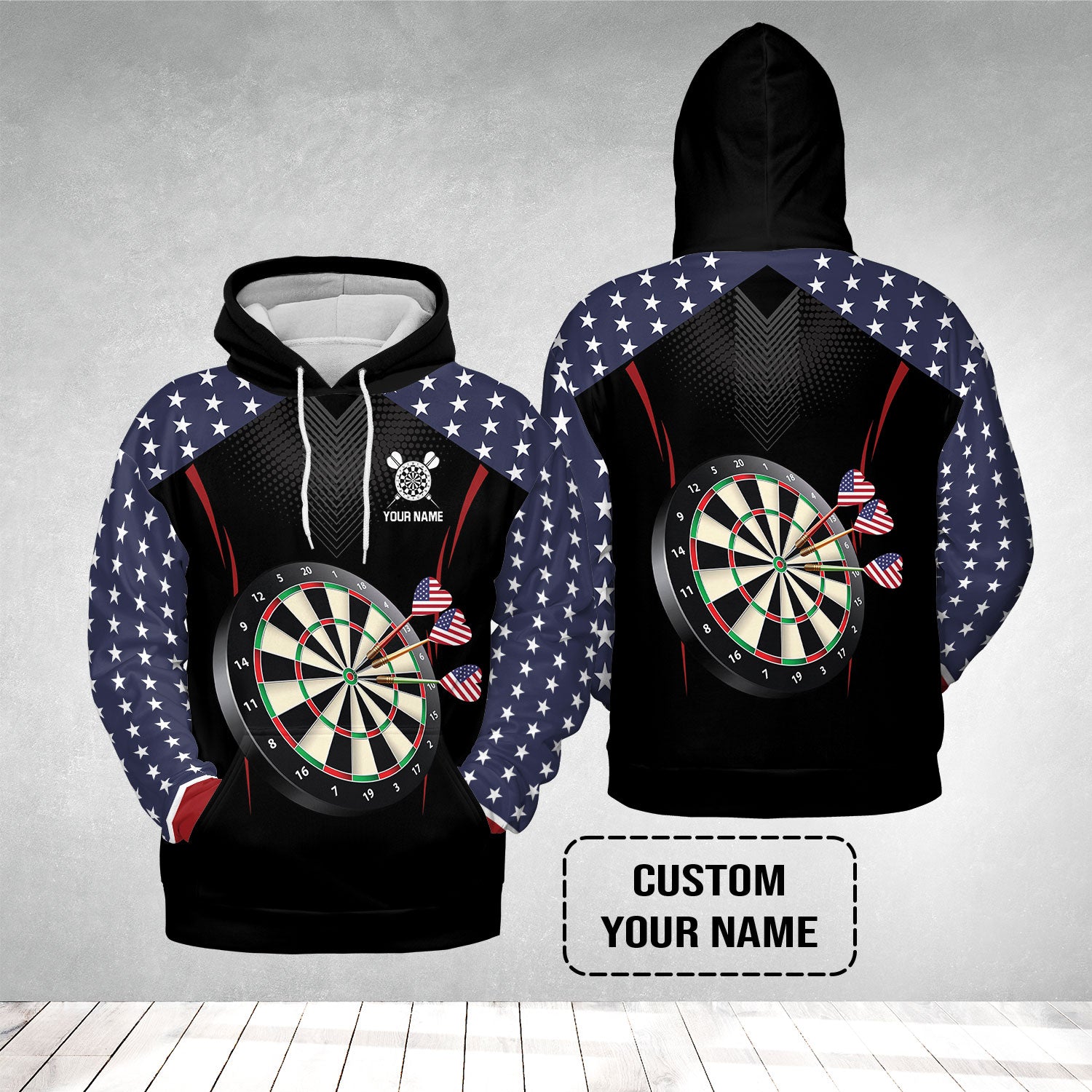 Personalised Darts Hoodie, Darts American Flag Black Background Custom Name Hoodie - Perfect Gift For Men, Darts Player, Darts Lover