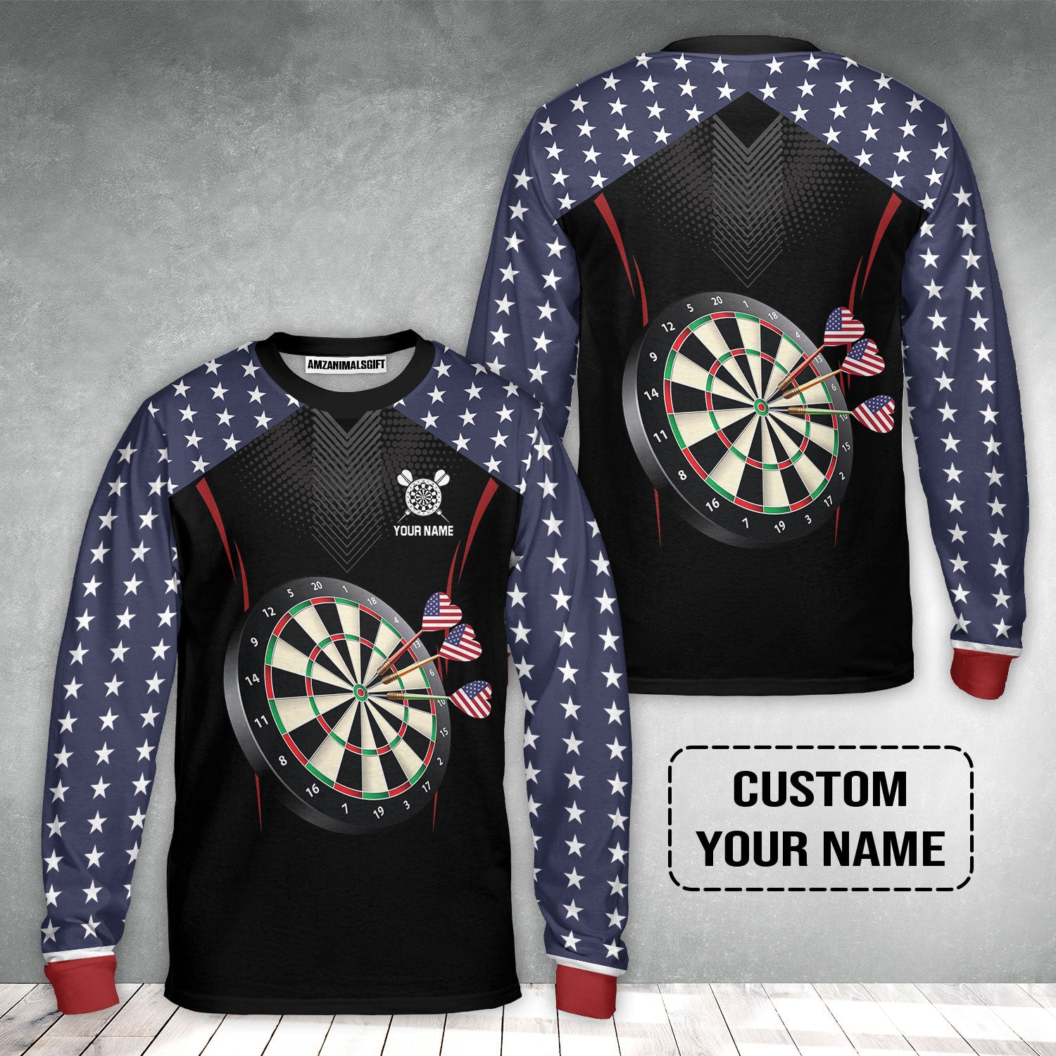 Personalised Darts Long Sleeve Shirt, Darts American Flag Black Background Custom Name Long Sleeve Shirt - Perfect Gift For Men, Darts Player, Darts Lover