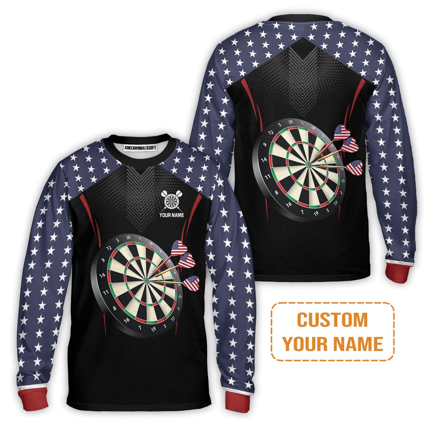 Personalised Darts Men's Long Sleeve Polo Shirt, Darts American Flag Black Background Custom Name Men's Long Sleeve Polo Shirt - Perfect Gift For Men, Darts Player, Darts Lover