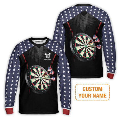 Personalised Darts Men's Long Sleeve Polo Shirt, Darts American Flag Black Background Custom Name Men's Long Sleeve Polo Shirt - Perfect Gift For Men, Darts Player, Darts Lover