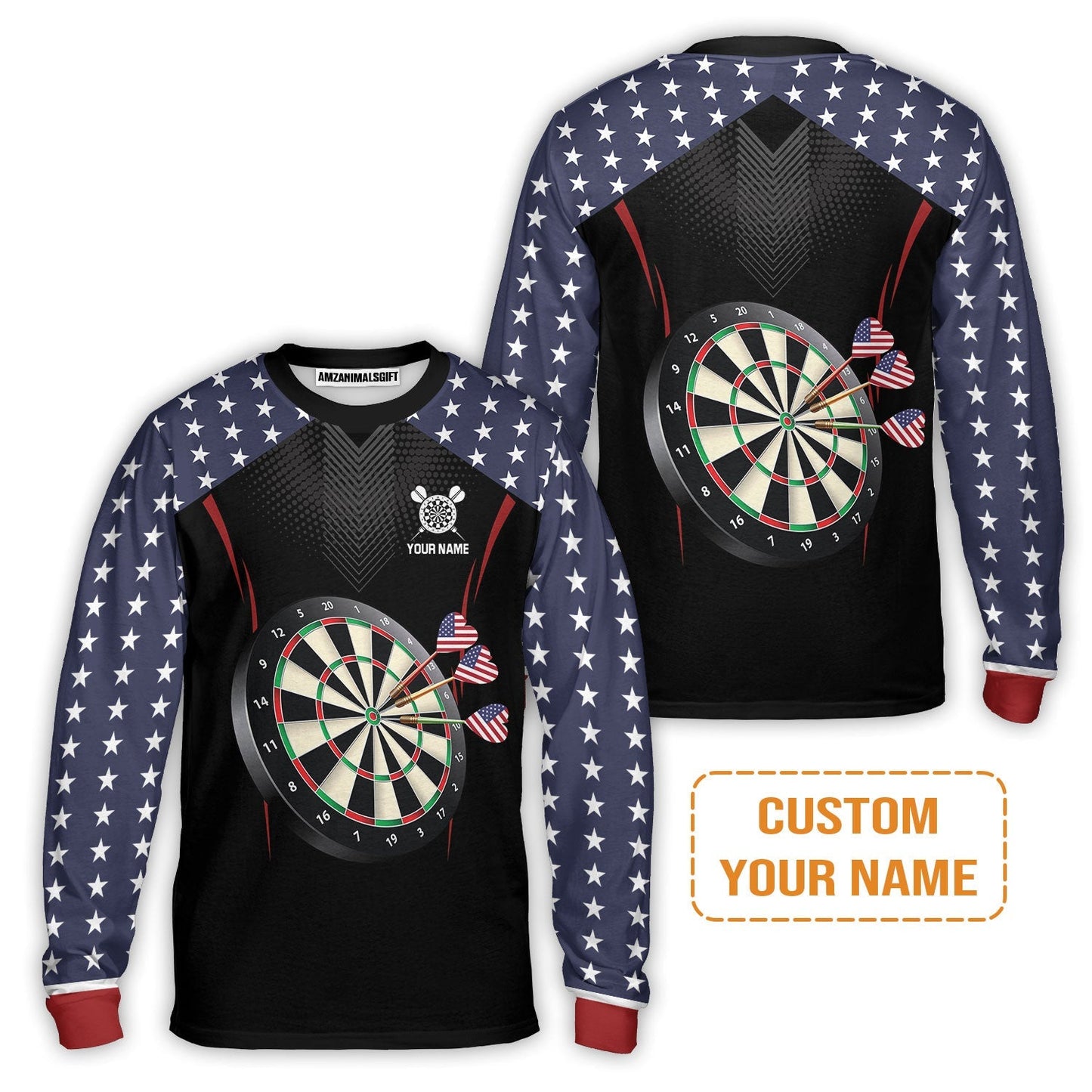 Personalised Darts T-Shirt, Darts American Flag Black Background Custom Name T-Shirt - Perfect Gift For Men, Darts Player, Darts Lover