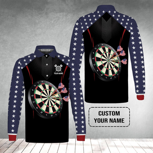 Personalised Darts Men's Long Sleeve Polo Shirt, Darts American Flag Black Background Custom Name Men's Long Sleeve Polo Shirt - Perfect Gift For Men, Darts Player, Darts Lover