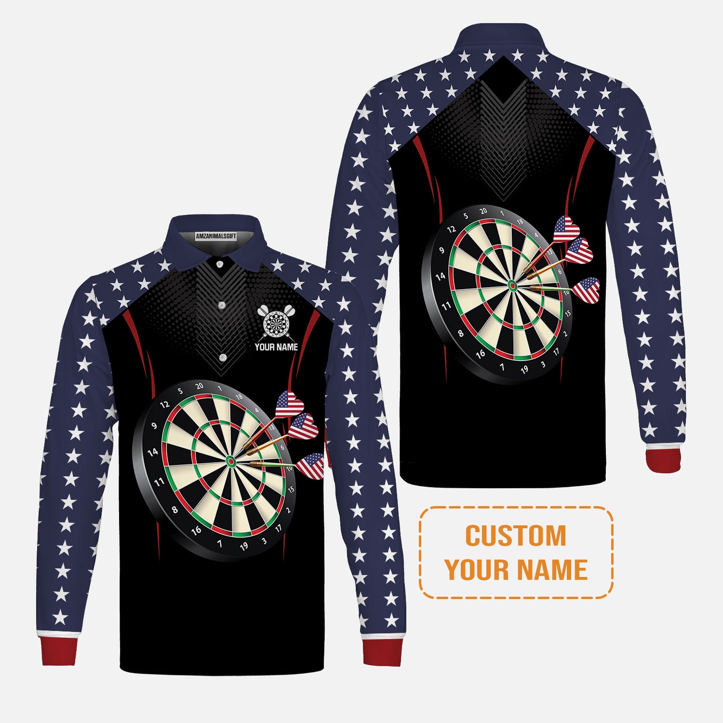 Personalised Darts Polo Shirts, Darts American Flag Black Background Custom Name Men Polo Shirts - Perfect Gift For Men, Darts Player, Darts Lover