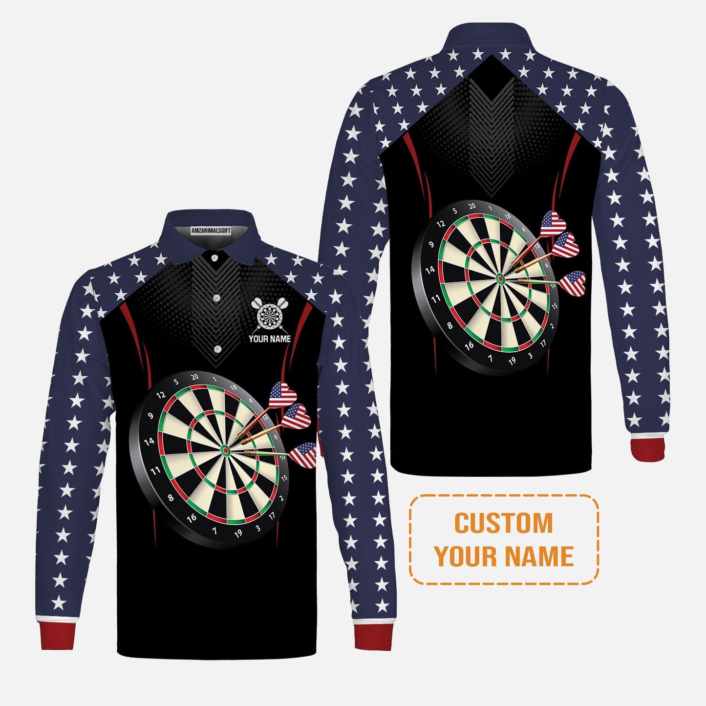 Personalised Darts Men's Long Sleeve Polo Shirt, Darts American Flag Black Background Custom Name Men's Long Sleeve Polo Shirt - Perfect Gift For Men, Darts Player, Darts Lover