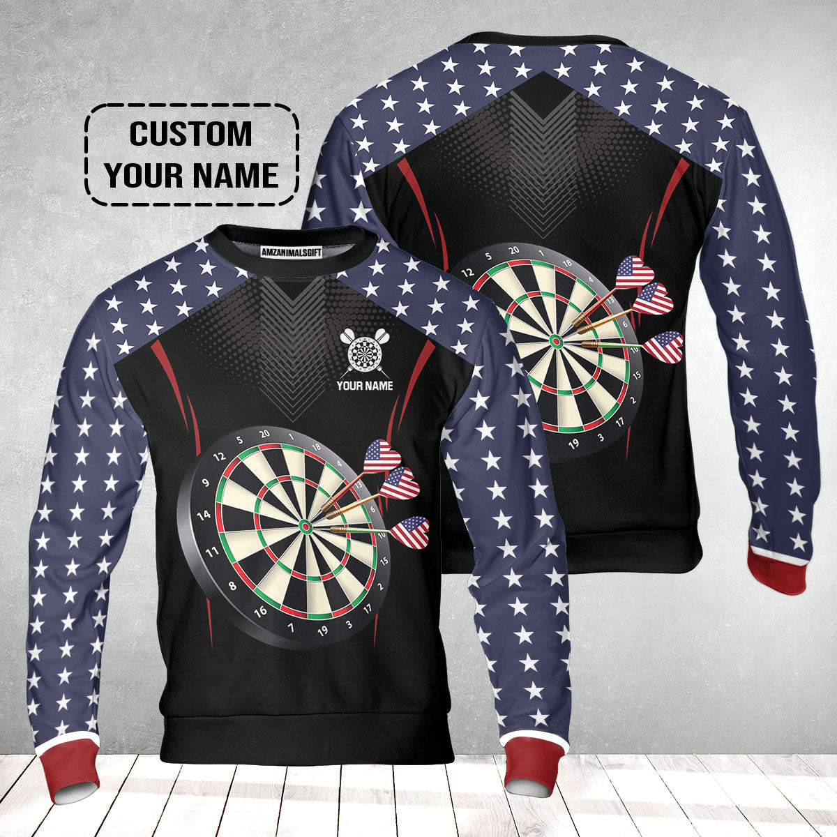 Personalised Darts Sweatshirt, Darts American Flag Black Background Custom Name Sweatshirt - Perfect Gift For Men, Darts Player, Darts Lover