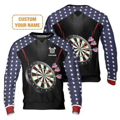 Personalised Darts Men's Long Sleeve Polo Shirt, Darts American Flag Black Background Custom Name Men's Long Sleeve Polo Shirt - Perfect Gift For Men, Darts Player, Darts Lover