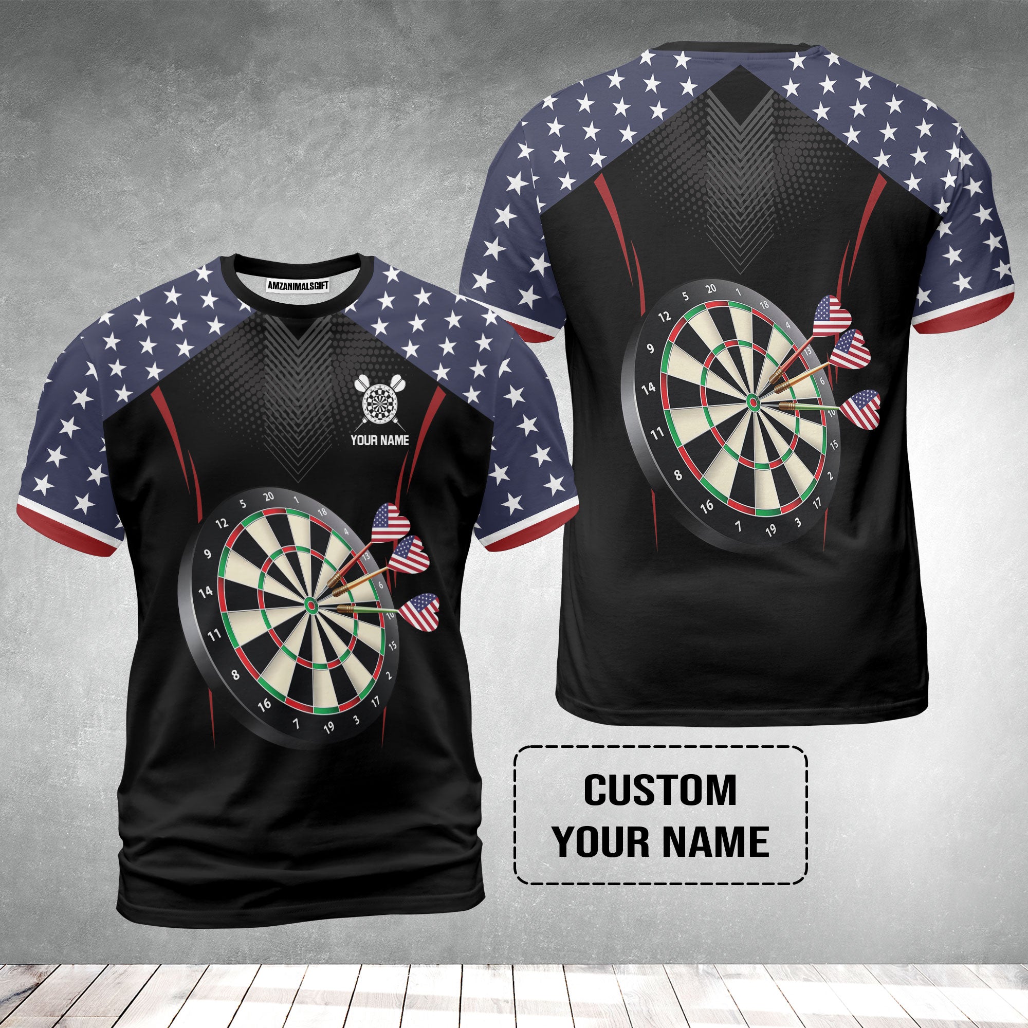 Personalised Darts T-Shirt, Darts American Flag Black Background Custom Name T-Shirt - Perfect Gift For Men, Darts Player, Darts Lover