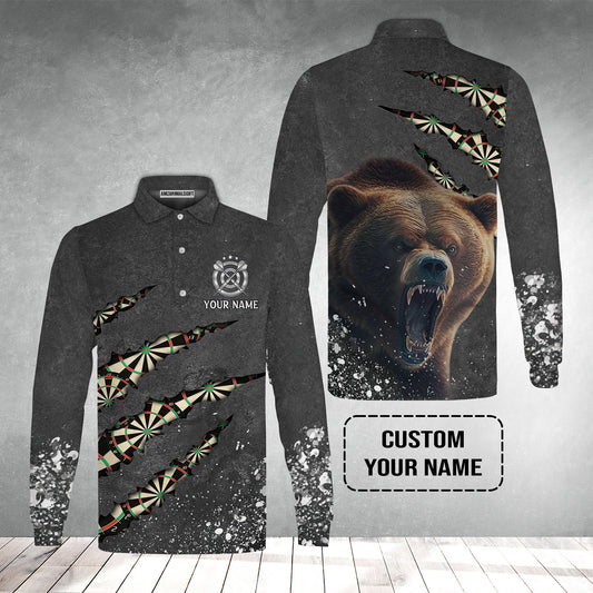 Darts Customized Name Long Sleeve Polo Shirt, Darts Paints Splash, Personalized Name Bear Men's Long Sleeve Polo Shirt - Perfect Gift For Darts Lovers, Darts Players
