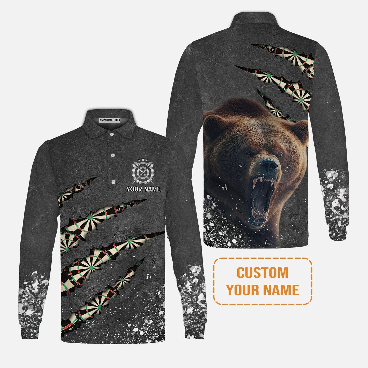 Darts Customized Name Long Sleeve Polo Shirt, Darts Paints Splash, Personalized Name Bear Men's Long Sleeve Polo Shirt - Perfect Gift For Darts Lovers, Darts Players