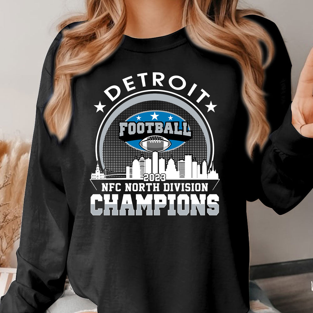 Detroit American Football 2023 NFC North Champions Skyline Long Sleeve Shirt, Conquered The North Champs Long Sleeve, Detroit Football Fan Gifts