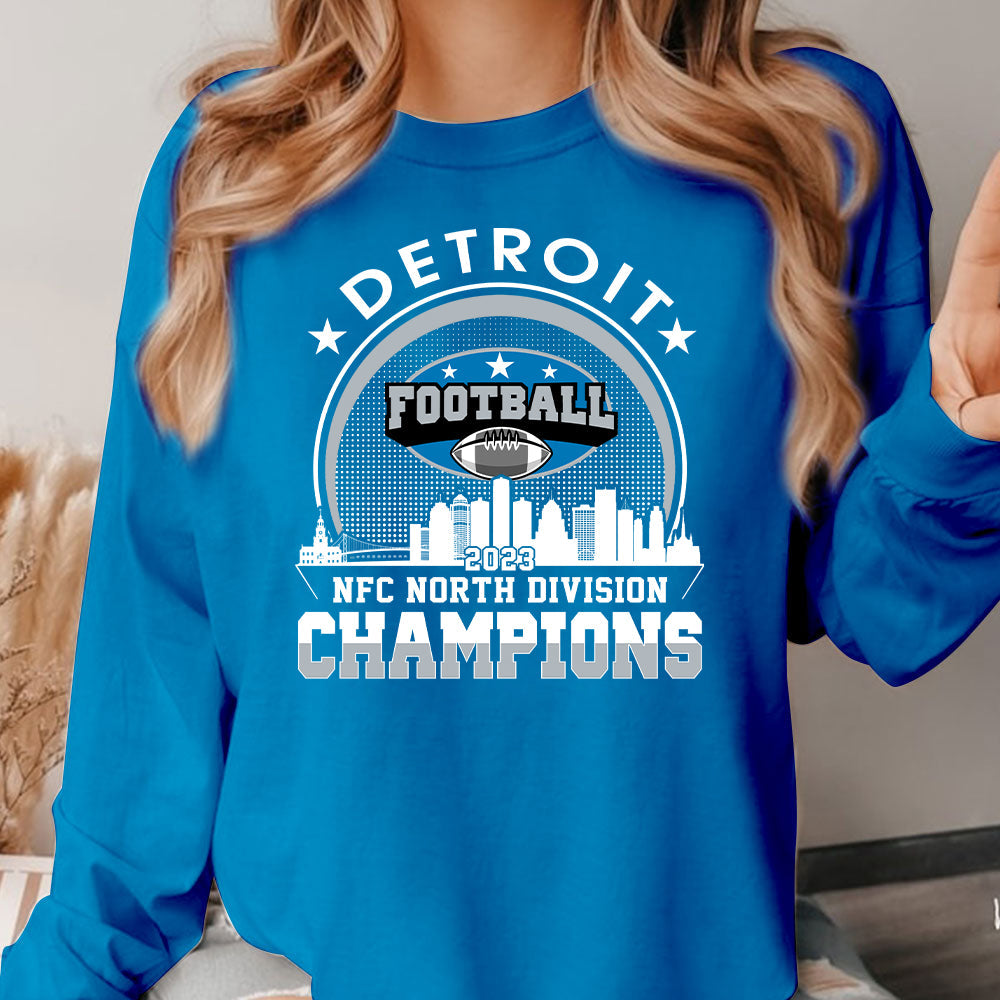 2023 Detroit American Football NFC North Champions Skyline Long Sleeve Shirt, Conquered The North Champs Long Sleeve, Detroit Football Fan Gifts