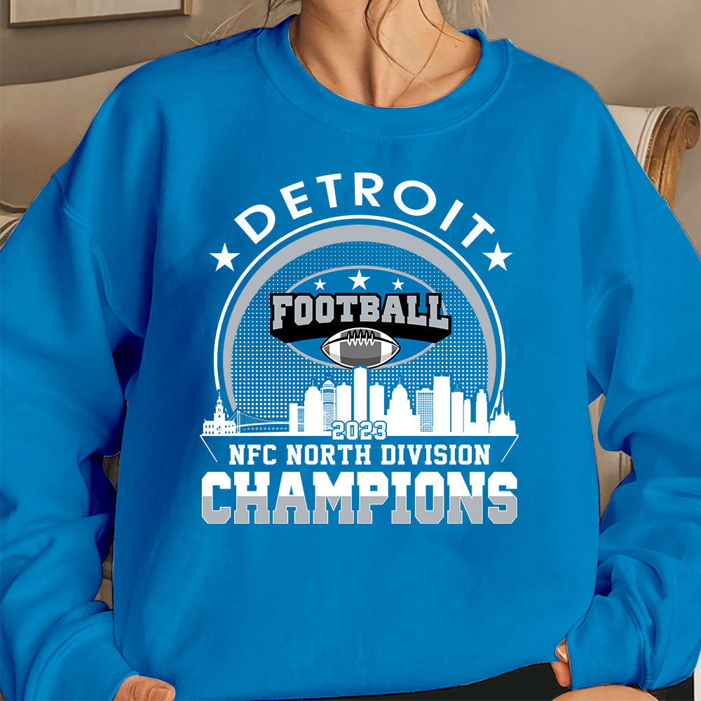 2023 Detroit American Football NFC North Champions Skyline Sweatshirts, Conquered The North Champs Sweatshirt, Detroit Football Fan Gifts