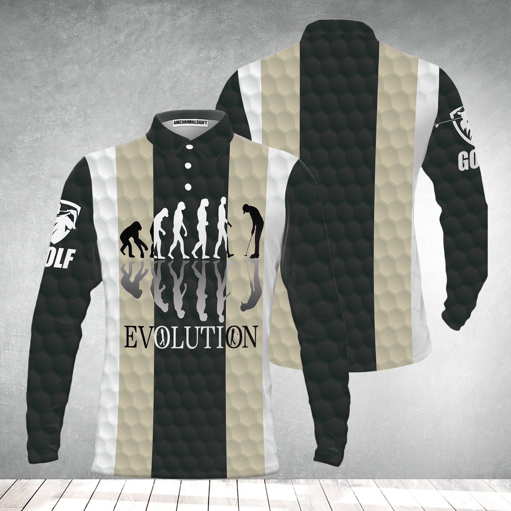 Elegant Men Golfer Evolution Golf Men's Long Sleeve Polo Shirt, Unique Golf Shirt For Men, Long Sleeve Polo Shirt Gift For Men , Best Gift For Men Golfers