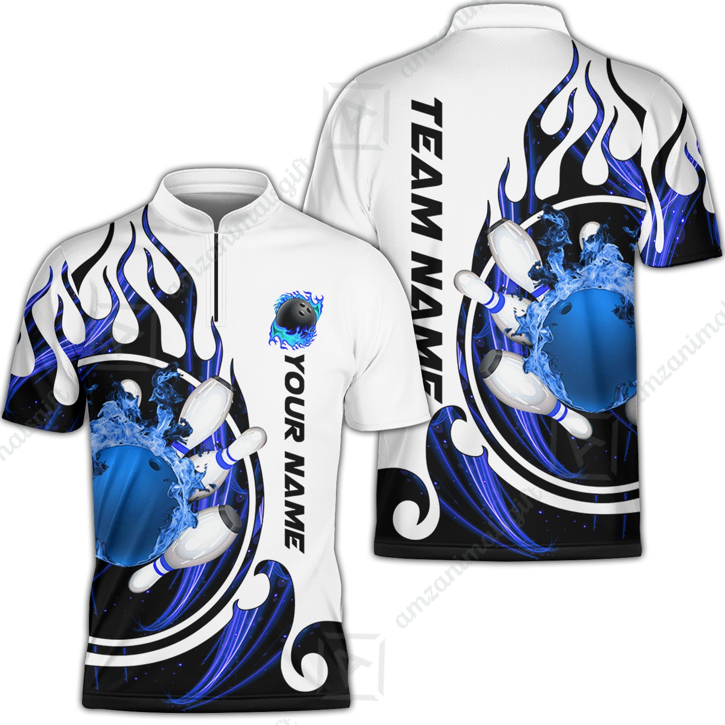 Customized Bowling Jersey Shirt, Fire Blaster Bowling And Pins Multicolor Option Customized Name, Team Name Jerseys Polo Shirts For Bowling Team