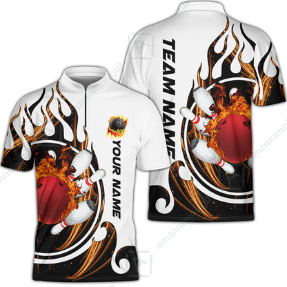 Customized Bowling Jersey Shirt, Fire Blaster Bowling And Pins Multicolor Option Customized Name, Team Name Jerseys Polo Shirts For Bowling Team