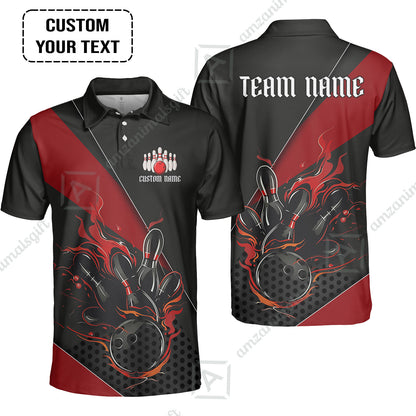 Customized Bowling Quarter-Zip Jersey Polo Shirts, Flaming Bowling Pins Esport Black Red Shirt For Tournament Team Men Women Bowlers