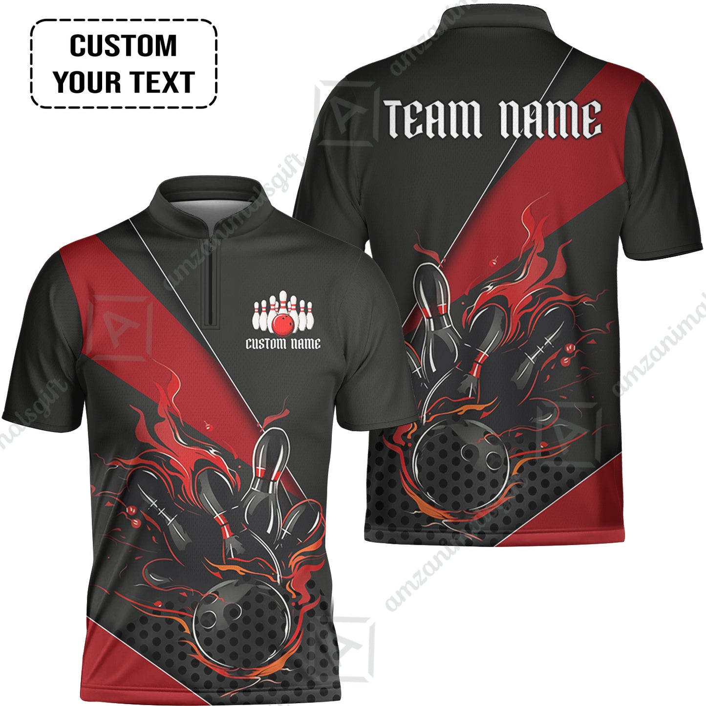 Customized Bowling Quarter-Zip Jersey Polo Shirts, Flaming Bowling Pins Esport Black Red Shirt For Tournament Team Men Women Bowlers