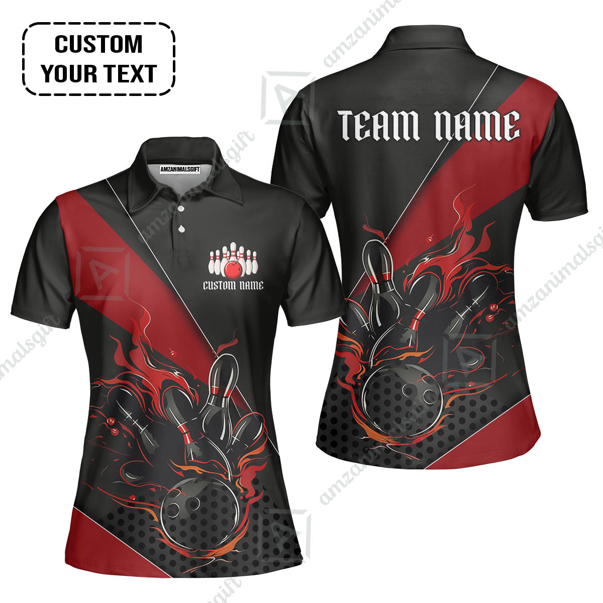 Customized Bowling Quarter-Zip Jersey Polo Shirts, Flaming Bowling Pins Esport Black Red Shirt For Tournament Team Men Women Bowlers