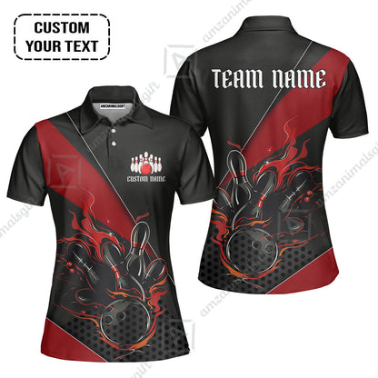 Customized Bowling Quarter-Zip Jersey Polo Shirts, Flaming Bowling Pins Esport Black Red Shirt For Tournament Team Men Women Bowlers
