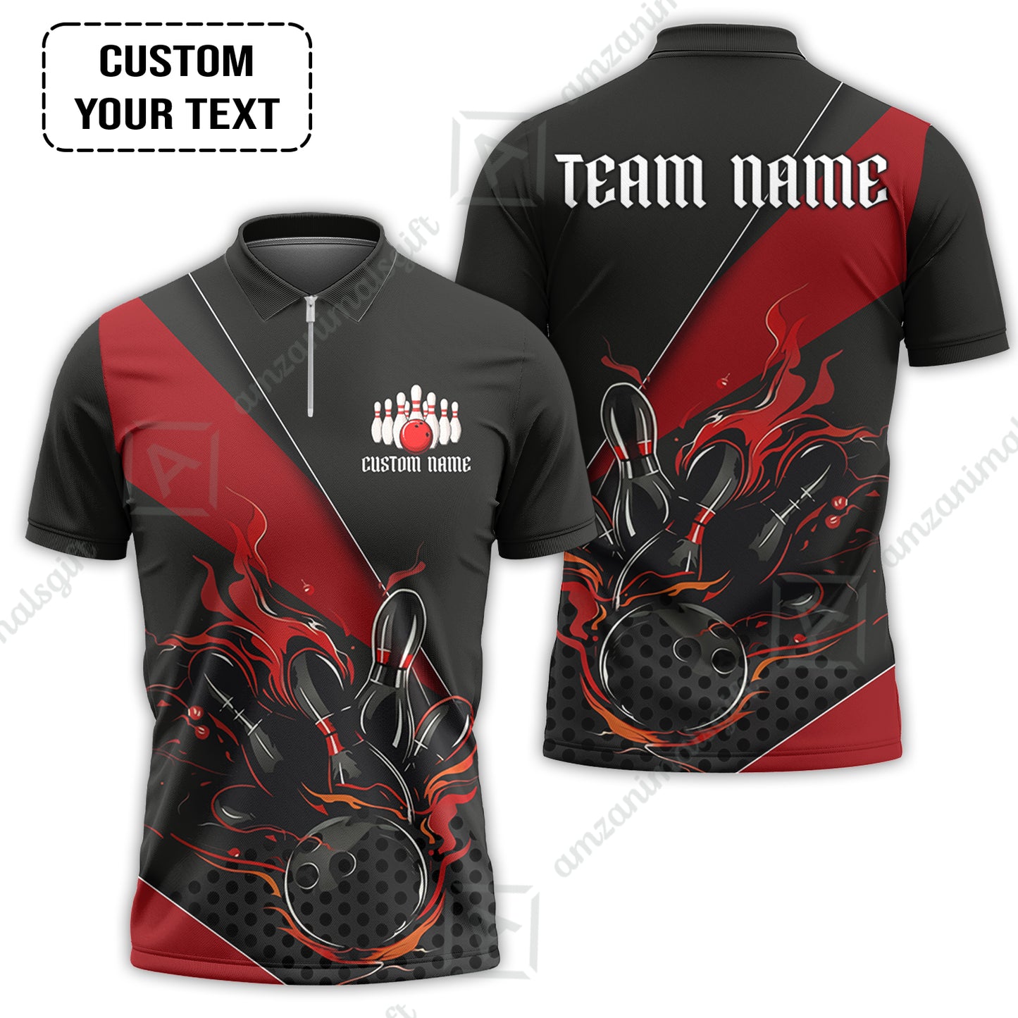 Customized Bowling Quarter-Zip Jersey Polo Shirts, Flaming Bowling Pins Esport Black Red Shirt For Tournament Team Men Women Bowlers
