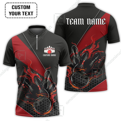 Customized Bowling Quarter-Zip Jersey Polo Shirts, Flaming Bowling Pins Esport Black Red Shirt For Tournament Team Men Women Bowlers