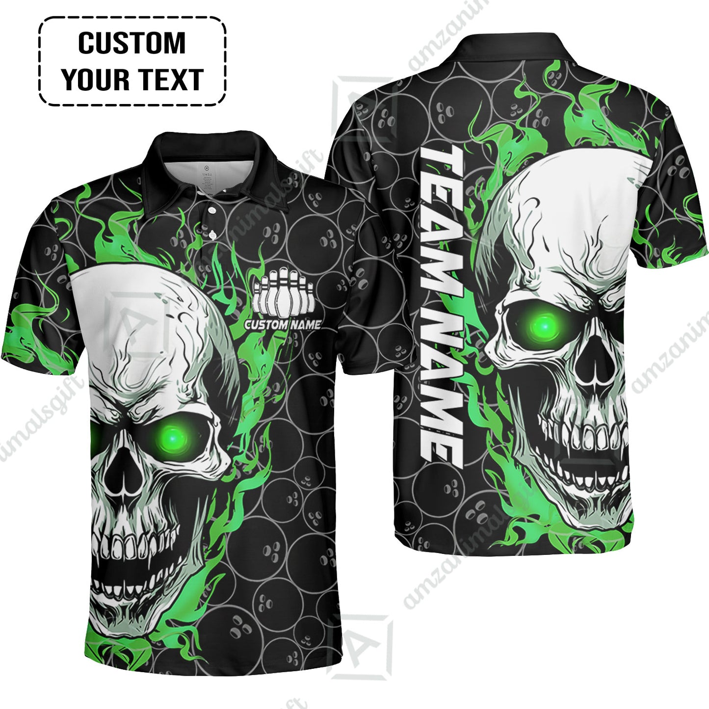Personalized Bowling Unisex Polo Shirt, Green Flaming Skull Shirt For For Team Men Women Bowlers