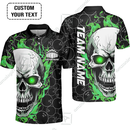 Personalized Bowling Unisex Polo Shirt, Green Flaming Skull Shirt For For Team Men Women Bowlers