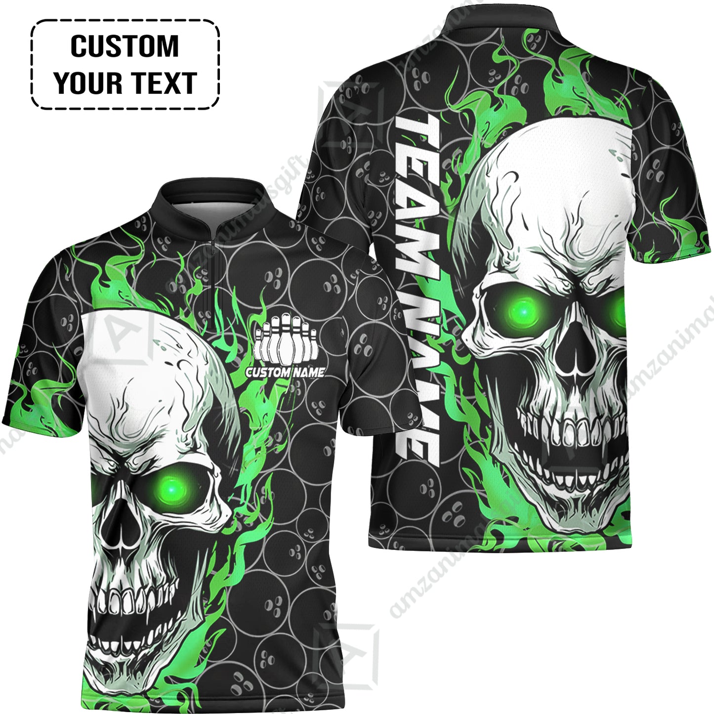 Personalized Bowling Unisex Polo Shirt, Green Flaming Skull Shirt For For Team Men Women Bowlers