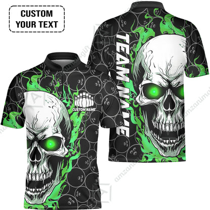 Personalized Bowling Unisex Polo Shirt, Green Flaming Skull Shirt For For Team Men Women Bowlers