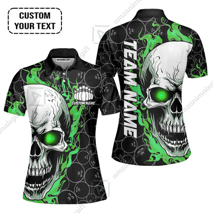 Personalized Bowling Unisex Polo Shirt, Green Flaming Skull Shirt For For Team Men Women Bowlers