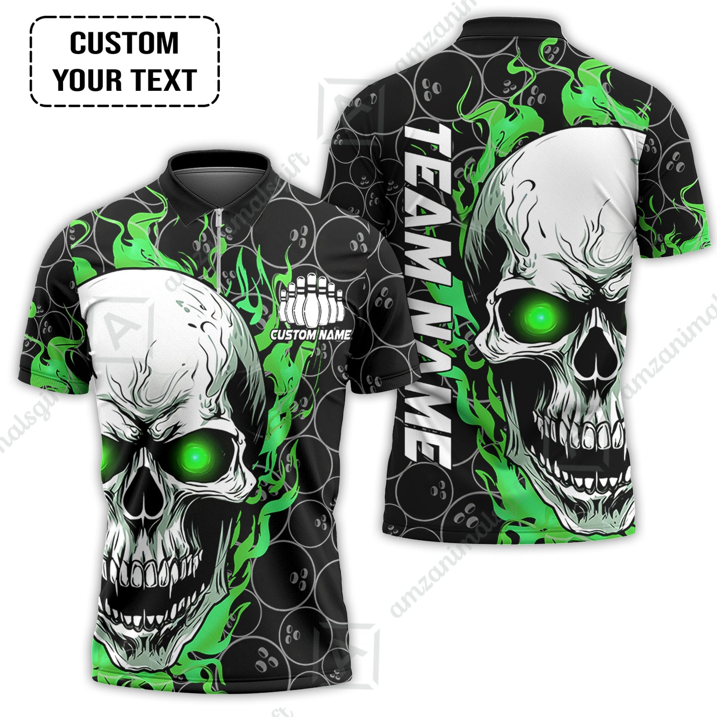 Personalized Bowling Unisex Polo Shirt, Green Flaming Skull Shirt For For Team Men Women Bowlers