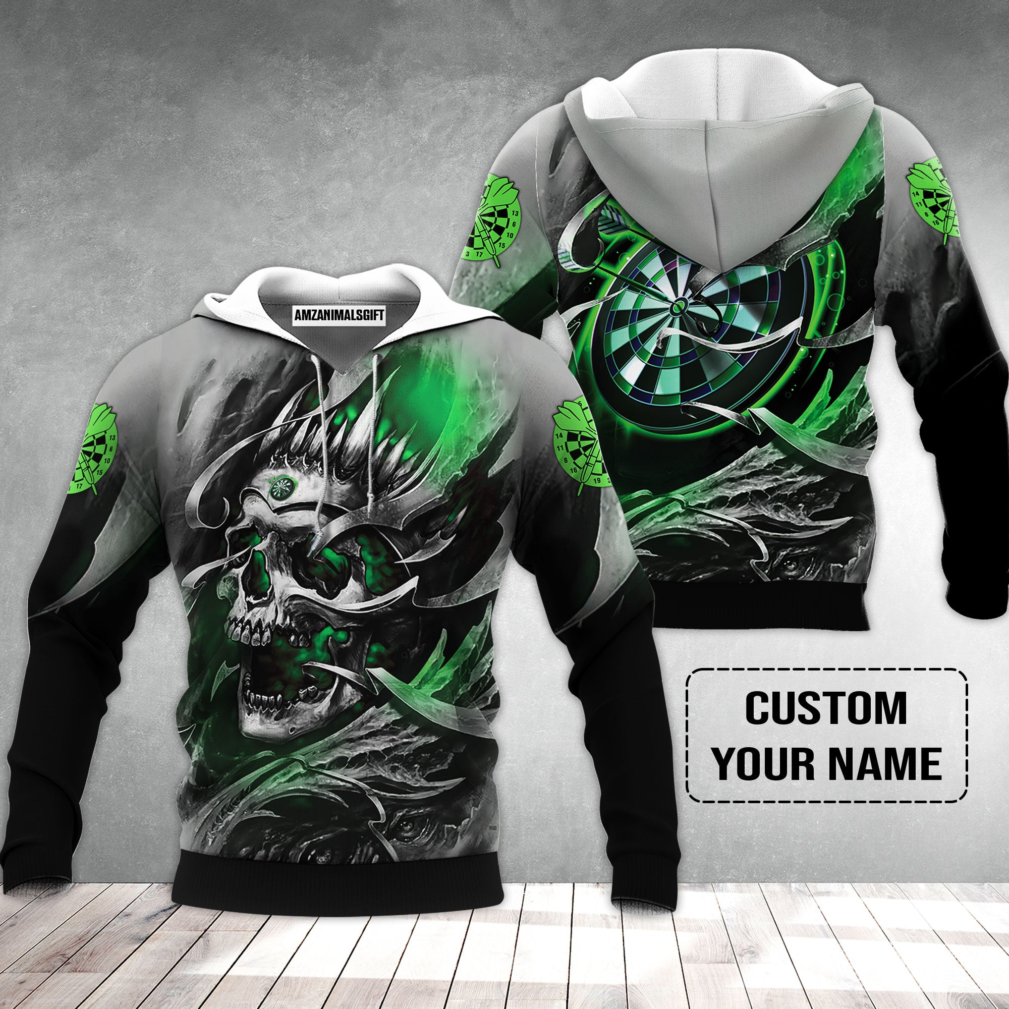 Darts Hoodie Custom Name - Green Skull Dartboard Personalized Hoodie For Men